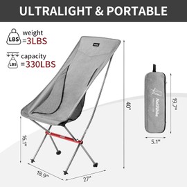 Naturehike Grey Camping Chair, Folding Lightweight Portable Compact Chair, Large Heavy Duty 330lbs for Adults, Hiking Camp Backpacking Travel Beach Picnic Fishing with Storage Bag
