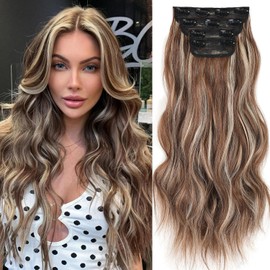 Mscat 20 Inch Brown Blonde Wavy Hair Extensions Clip in Hair Extensions Synthetic Hair pieces for Women Girls Thick Curly Wavy Synthetic Hair Extensions(Brown Mixed Blonde)