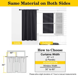 WelvetBLK Black Cafe Blackout Curtains 36 Inch Length 2 Panels Set, Soft Solid Thermal Insulated Room Darkening Small Window Curtains for Kitchen Bathroom Basement, Black, Each, 40" Wx36 L