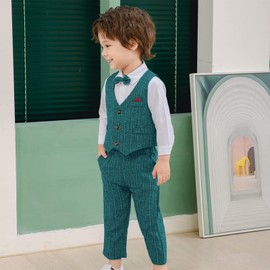 Volunboy Baby Suit Boys' Suit Vest Shirt with Bow Tie for Festive Wedding Clothing Set 4-Piece, Green