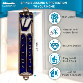 TALISMAN4U Ten Commandments Mezuzah with Scroll Silver Tone Blue Enamel Israel Door Mezuza 3.5 Inch