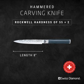 Swiss Diamond Carving Knife, German Steel With ABS Handle, Half Tang Handle, Hammered Blade Chef Knives Professional Grade, 55+2 Rockwell Hardness, 8 Inch