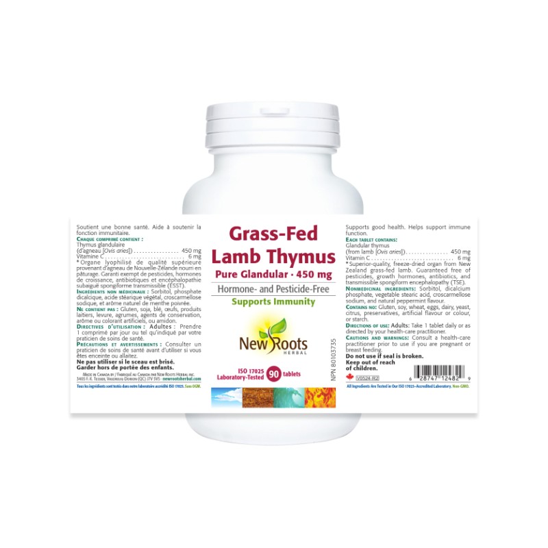New Roots Herbal Grass-Fed Lamb Thymus Pure Glandular 450mg, 90