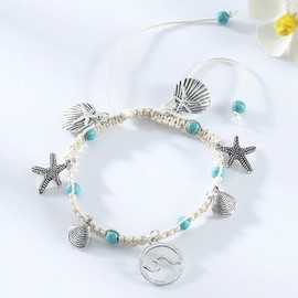 Handcess Boho Turquoise Anklets Silver Starfish Ankle Bracelets Wave Conch Foot Chain Jewelry for Women and Girls
