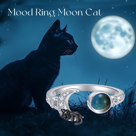 DAYLINLOVE Mood Ring 925 Sterling Silver Moon Black Cat Adjustable Open Thumb Ring Mood Jewellery Gifts for Women Mum Grandma