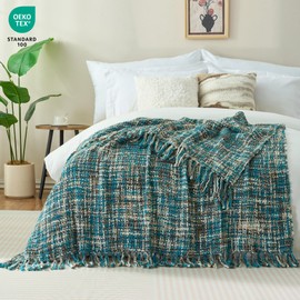 GINAMUSE Multi-Color Teal Cable Knitted Throw Blanket for Couch,50"X60" Boho Style Textured Blankets for Home Decor,Super Soft Warm Cozy Chunky Knit Blanket with Decorative Tassels for Bed and Sofa