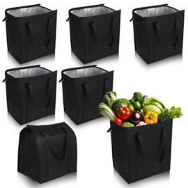 JOUTYFOR 6 Pcs Insulated Shopping Bags For Groceries Large Reusable Cooler Bags Thermal Totes With Zippered Top For Hot Cold Food Delivery Refrigerator Pizza(Black)