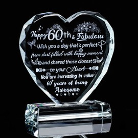 Ornalrist 60th Birthday Gifts for Women Wife, 60 Years Old Birthday Gifts Ideas for Mom, Happy 60th and Fabulous Glass Love Heart Plaque Keepsake Presents for Her Friend
