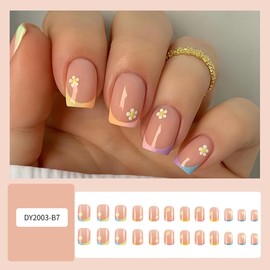 French Tip Press on Nails Short Square Shape Summer Fake Nails with Flower Designs Cute False Nails Short Acrylic Nails Press Ons Glossy Full Cover Nail Tips Gel Glue Stick on Nails for Women Girls