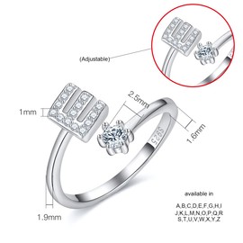 CRYSLOVE Women’s / Girls’ Letter Ring - 925 Sterling Silver - Open & Adjustable Initial Ring - A-Z Alphabet Rings with Gift Box, Silver, E