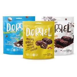 DORREL - Trio Bundle Pack: Belgian Dark Chocolate Covered Dates (Medjool) + Chocolate Dates with Salted Almonds & Coconut Stuffing, High Energy Choco Snack, Kosher & Non-GMO Pack of 3, 7.05 oz Ea
