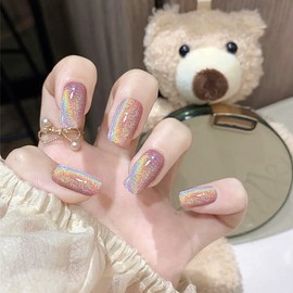 Rainbow Nail Tips 24 Pcs Glitter Nails for Wedding, Party, Holiday, Dating, Prom and Daily Life