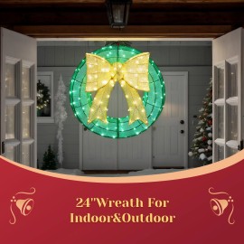 Pre-lit In/Outdoor 24" Christmas Wreath with LED Light, Holiday Party Decoration