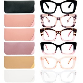 REAVEE 6 Pack Oversized Square Reading Glasses Oprah Style for Women, Blue Light Blocking Large Frame Computer Designer Fashion Readers Spring Hinge with Leather Case,3.5