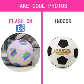 REBOIL Fantasy Soccer Ball – Flash Holographic Reflective and Discolored Leather Balls – Hoop Glowing Gifts Toys for Boys and Girls Size 4, Purple