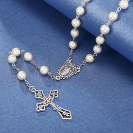 Catholic Pearl Beads Rosary Necklace Metal Beaded Miraculous Medal & Cross Rosary for Women (Silver)