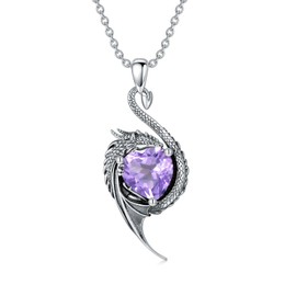 LONAGO Dragon Necklace 925 Sterling Silver Black Dragon with Heart-Shaped Birthstone Pendant Necklace for Women, Sterling Silver, Cubic Zirconia