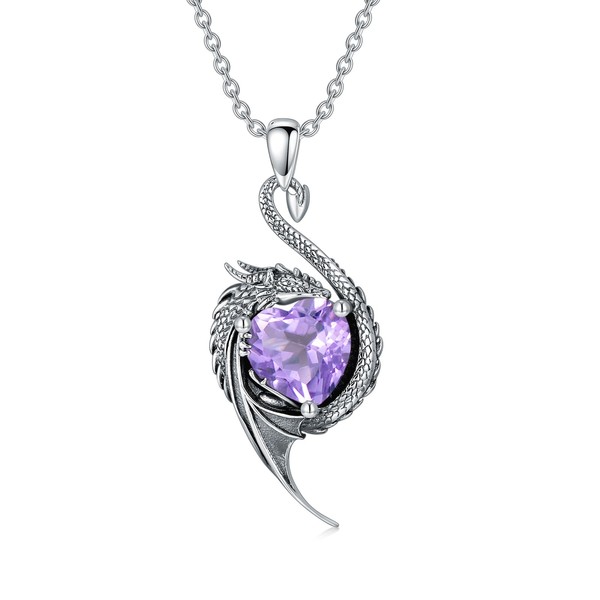 LONAGO Dragon Necklace 925 Sterling Silver Black Dragon with Heart-Shaped