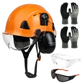 Forestry Safety Gear Kit with Vented Hard Hat, Mounted Ear Muffs, Work Gloves, Clear and Smoke Safety Glasses for LoggingSafety Helmet Type: WIth Visor, Color: Orange, Material: M SIZE Gloves