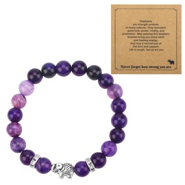 Mikovivi Amethyst Bracelet for Women, Purple Natural Stone Crystal Beads Bracelet with Elephant Charm Inspirational Get Well Gift Jewelry