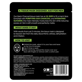 L'Oréal Paris Purifying Tissue Mask, Intensely Hydrates and Reduces Excess Oil, Absorbs Oil and Mattifies Skin, Customised Shape for Men, Men Expert Pure Charcoal, 1 g
