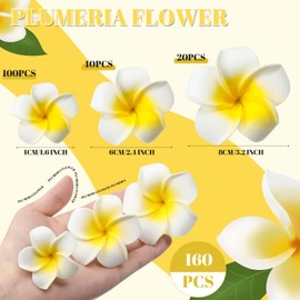 Crowye 160 Pcs Artificial Plumeria Flower Hawaiian White Foam Frangipani Petals Cap Hair Hat Wreath Floral DIY Craft for Home Beach Wedding Party Decoration (1.6 Inch,2.4 Inch,3.2 Inch)