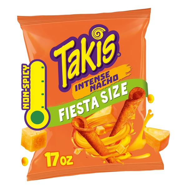 Takis Intense Nacho 17 oz Fiesta Size Bag, Nacho Cheese Flavored Non-Spicy Cheesy Rolled Tortilla Chips
