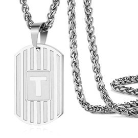Rajputana Initial A-Z Letter Pendant Necklace for Men Hypoallergenic Dog Tag Chain Necklace Non-Fading Stainless Steel Chain 24 Inches, Stainless Steel, No Gemstone