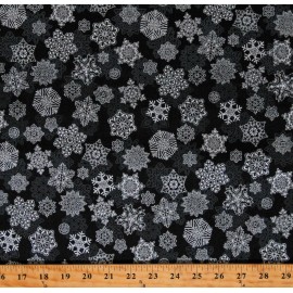 Robert Kaufman Cotton Snowflakes Silver Metallic on Black Christmas Fabric Print BTY D407.23