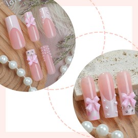 24Pcs Pink Coffin Press on Nails Long Fake Nails Cute French Tip False Nails with Pearl Bow Design Reusable Acrylic Nails Press ons Full Cover Artificial Nails Glue-Free Nails for Women Long Nails