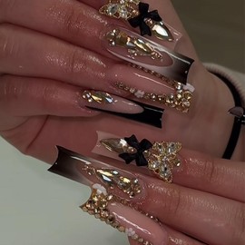Buy 10 Get 10 Free! [Machine-Made] 24pcs Press-On Nails with Rhinestones & Flowers – French Style Glue-On Nails for Women & Girls Full Cover Shiny Glitter Long Lasting Quality:_M-SQ-MC-005