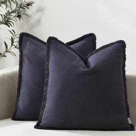 Set of 2 Decorative Linen Throw Pillow Covers Boho Farmhouse Cushion Cover with Fringe Accent Outdoor Pillowcase for Couch Bed Living Room Home Decor (Navy Blue, 18" x 18" (Pack of 2))