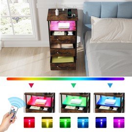 Algglobuy Night Stand with Charging Station, LED Nightstand with USB Ports and Outlets, Bedside Table with 3 Fabric Storage Drawers, Small Night Stands for Bedroom, Brown