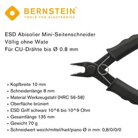 Bernstein ESD Wire Stripper Mini Side Cutters 135 mm Without Bevel for Copper Wires up to Diameter 0.8 mm Burnished Surface with Opening Spring ESD Handle Black 10^6 to 10^9 Ohm