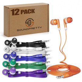SP SOUNDPRETTY Earbud Headphones Bulk 12 Pack Multicolored Wired Earphones SPT-12MX Individually Wrapped Ear Buds Muti Packs for Kids School Classroom Students