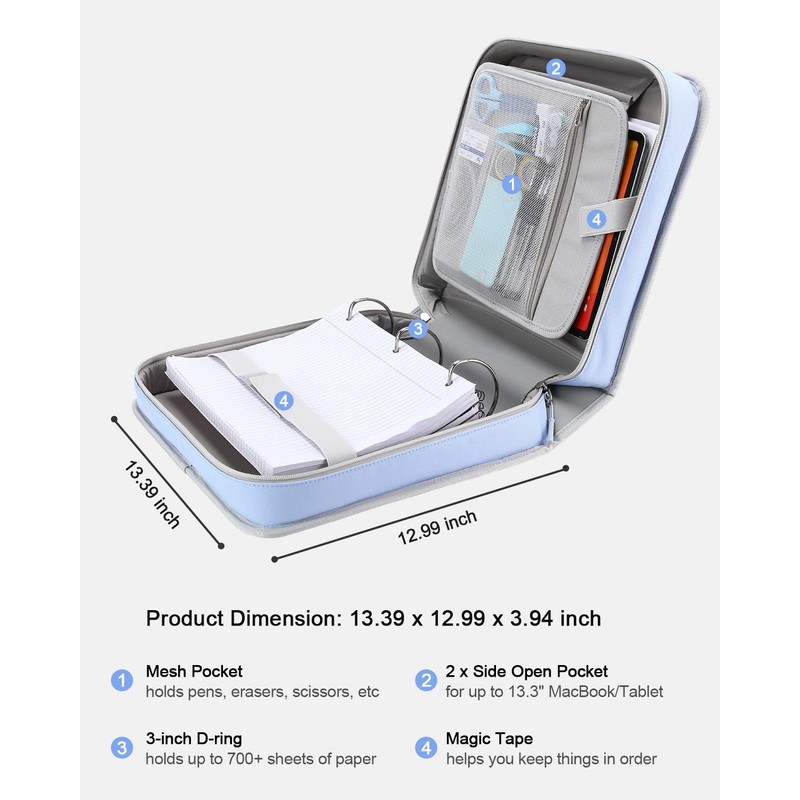 3" D-ring Zipper Binder with 700+ Sheets Capacity, 3-ring Zip