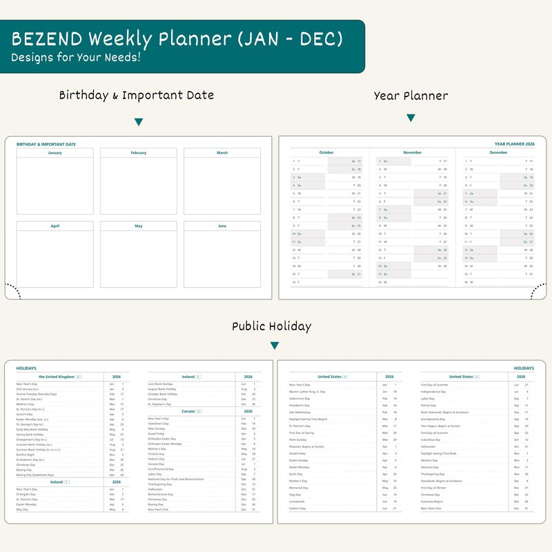BEZEND Agenda 2026 Weekly and Monthly (9" x 5.5") Horizontal