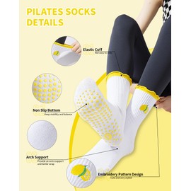 Pilates Socks for Women and Girls Ruffle Grip Yoga Long Grip Socks Non-Slip Cotton Crew Reformer Stopper Socks for Home Dance Trampoline Ballet Fitness Hospital, 2 Pack Yellow + Orange, One size fits