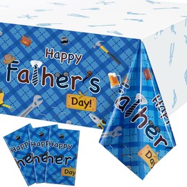 Tiamon 3 Pieces Happy Fathers Day Tablecloth Plastic Father's Day Party Table Cover Blue Tie Hat Dad Men Table Cover for Home Family Dinner Party Decor Supplies Favors, 54 x 108 Inch