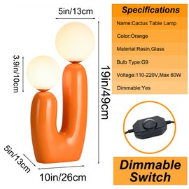 SIMEESO Modern Orange Cactus Shape 2 Lights Table Lamp Mushroom White Milk Globe Glass Table Light Cute Dimmable Resin Light Fixtures for Bedroom Living Room Children’s Room Kid’s Room Corner