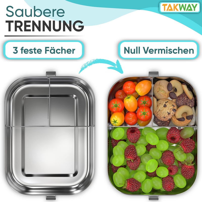 TAKWAY Children's Stainless Steel Lunch Box with Compartments, 800 ml,