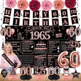 Zirtorei 60th Birthday Decorations for Women, 21pcs Vintage 1965 Banner Party Supplies, Rose Gold 60 Year Old Birthday Backdrop, 60 Birthday Honeycomb Centerpiece Hanging Swirls Balloon Sash Gifts