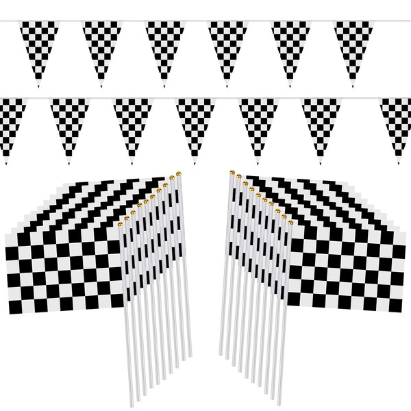 98ft Checkered Black & White Pennant Banner Racing Flags and 20Pcs 11.8 Inch Racing Flags with Plastic Sticks for Racing Party Supplies by HRLORKC