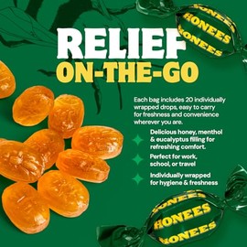 Honees - Gotas rellenas para la tos de mentol, miel, mentol y eucalipto, alivio natural del dolor de garganta, nada artificial, pastillas de garganta,