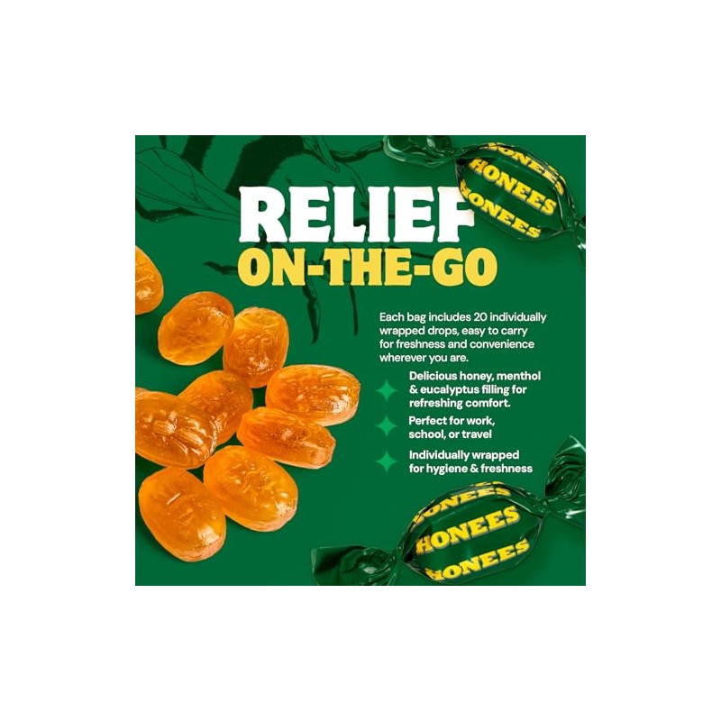 Honees - Gotas rellenas para la tos de mentol, miel,