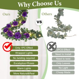 MACTING 6.6FT Eucalyptus Garland with Lights Spring Baby Breath Flower Garland with 12 Purple Roses Artificial Floral Greenery Vine for Table Arch Backdrop Wedding Valentines Day Decorations