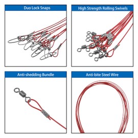30pcs Fishing Wire Leaders, 150LB 19.6inch Stainless Steel Fishing Line Leaders with Swivels Snaps for Saltwater and Freshwater, Black/Green/Red