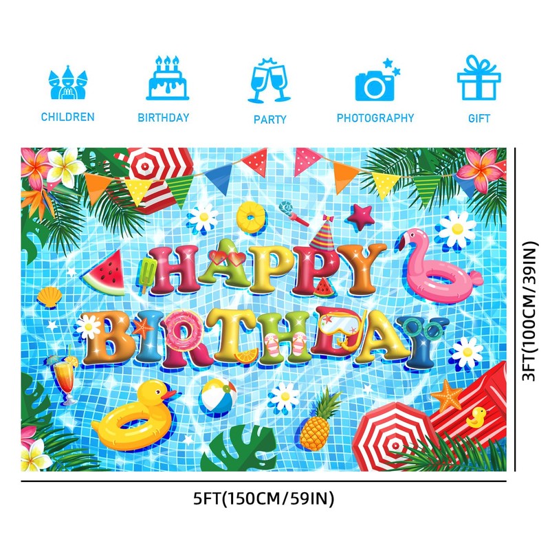 Pool Party Decorations, 5x3Ft Blue Happy Birthday Pool Party Backdrop
