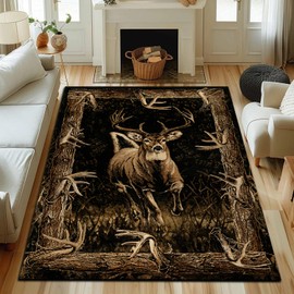 Deer Hunting Rug for Living Room, Camo Deer Rugs, Elk Rustic Carpet, Vintage Style Cabin Rug A01
