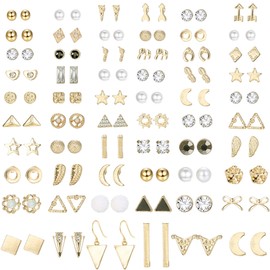 LOLIAS 60 Pairs Stainless Steel Stud Earrings for Women Men Triangle Square Circle Bar Star Moon Geometric Leaf Arrow Bow CZ Ball Faux Pearl Earrings Set Silver/Gold Tone, Stainless Steel